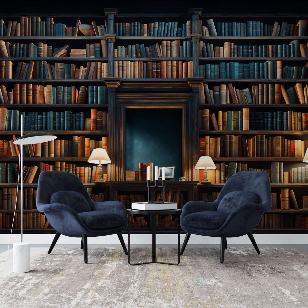 Tapet personalizat Architectural Walls cu bibilioteca cu carti vechi si lampi aprinse cu lumina difuza - BOOKSHELF