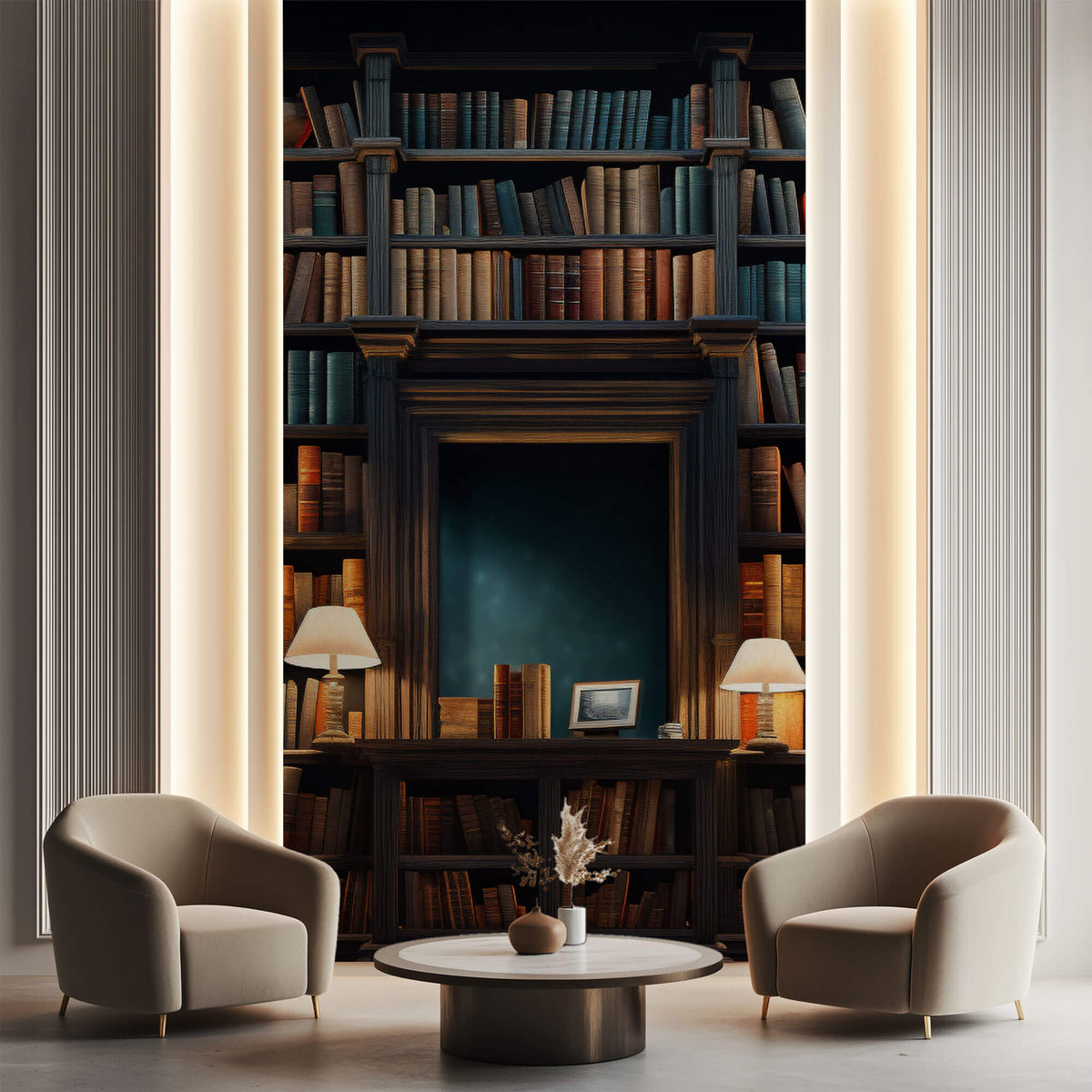Tapet personalizat Architectural Walls cu bibilioteca cu carti vechi si lampi aprinse cu lumina difuza - BOOKSHELF