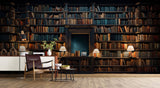 Tapet personalizat Architectural Walls cu bibilioteca cu carti vechi si lampi aprinse cu lumina difuza - BOOKSHELF