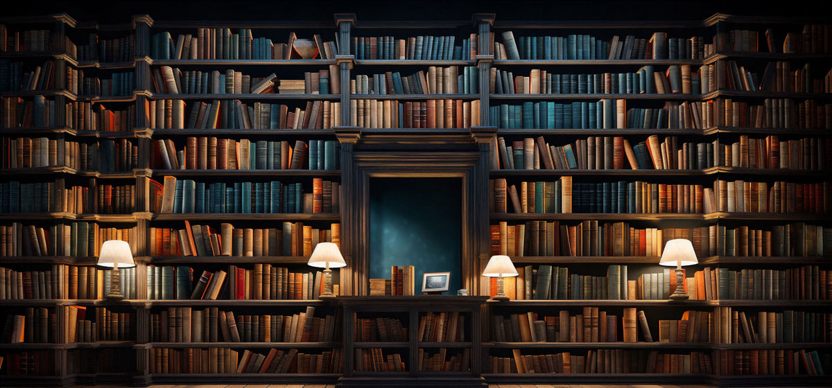 Tapet personalizat Architectural Walls cu bibilioteca cu carti vechi si lampi aprinse cu lumina difuza - BOOKSHELF