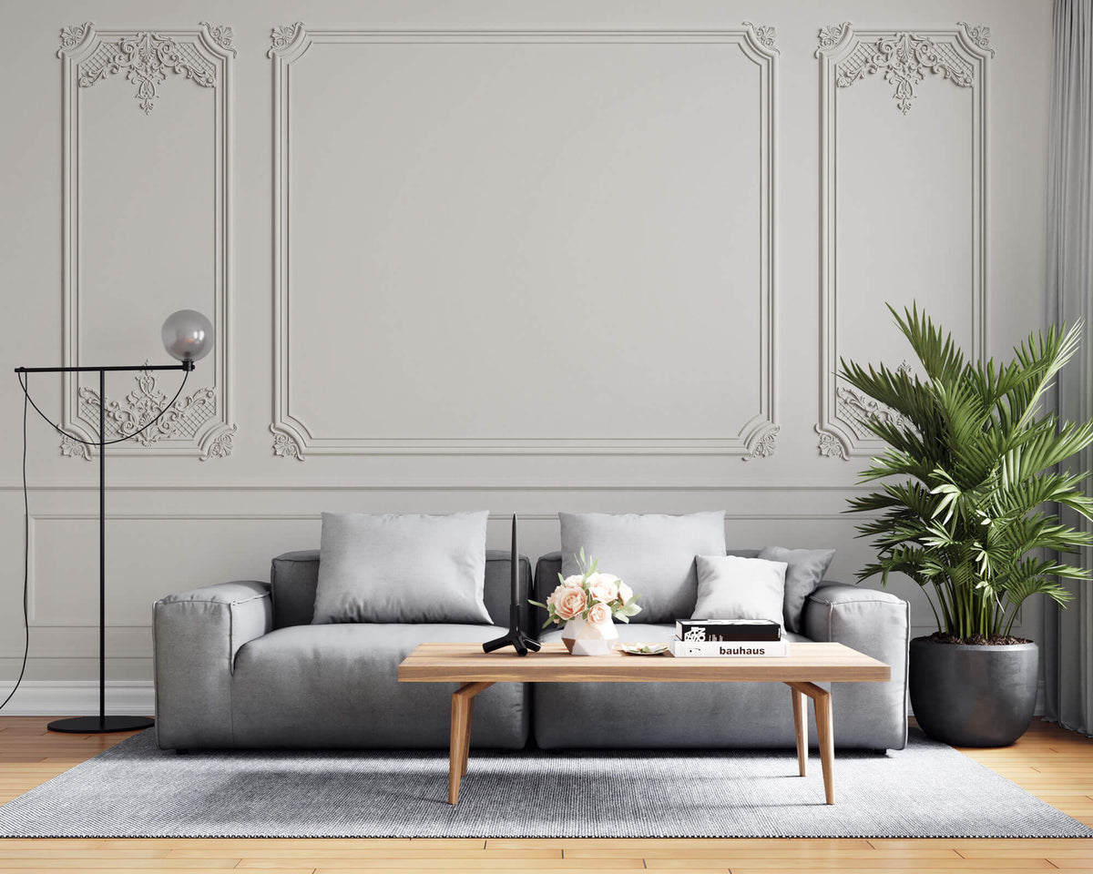 Tapet personalizat Architectural Walls cu panouri si baghete decorative in nuante de alb - WIDE WHITE BOISERIE