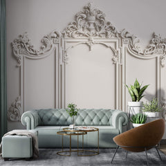 Tapet personalizat Architectural Walls cu rama decorativa din lemn in nuante de alb - MIRROR FRAME