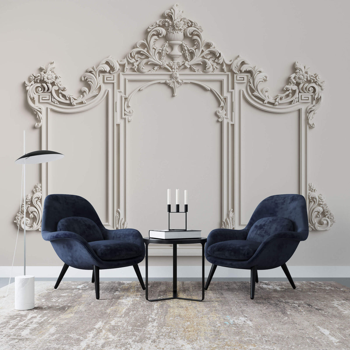 Tapet personalizat Architectural Walls cu rama decorativa din lemn in nuante de alb - MIRROR FRAME