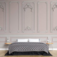 Tapet personalizat Architectural Walls cu rame decorative albe pe un perete roz - LIGHT PINK BOISERIE
