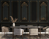 Tapet personalizat Architectural Walls cu rame decorative aurii si pereti in nuante de negru si verde in stil baroc - BAROQUE NOIR