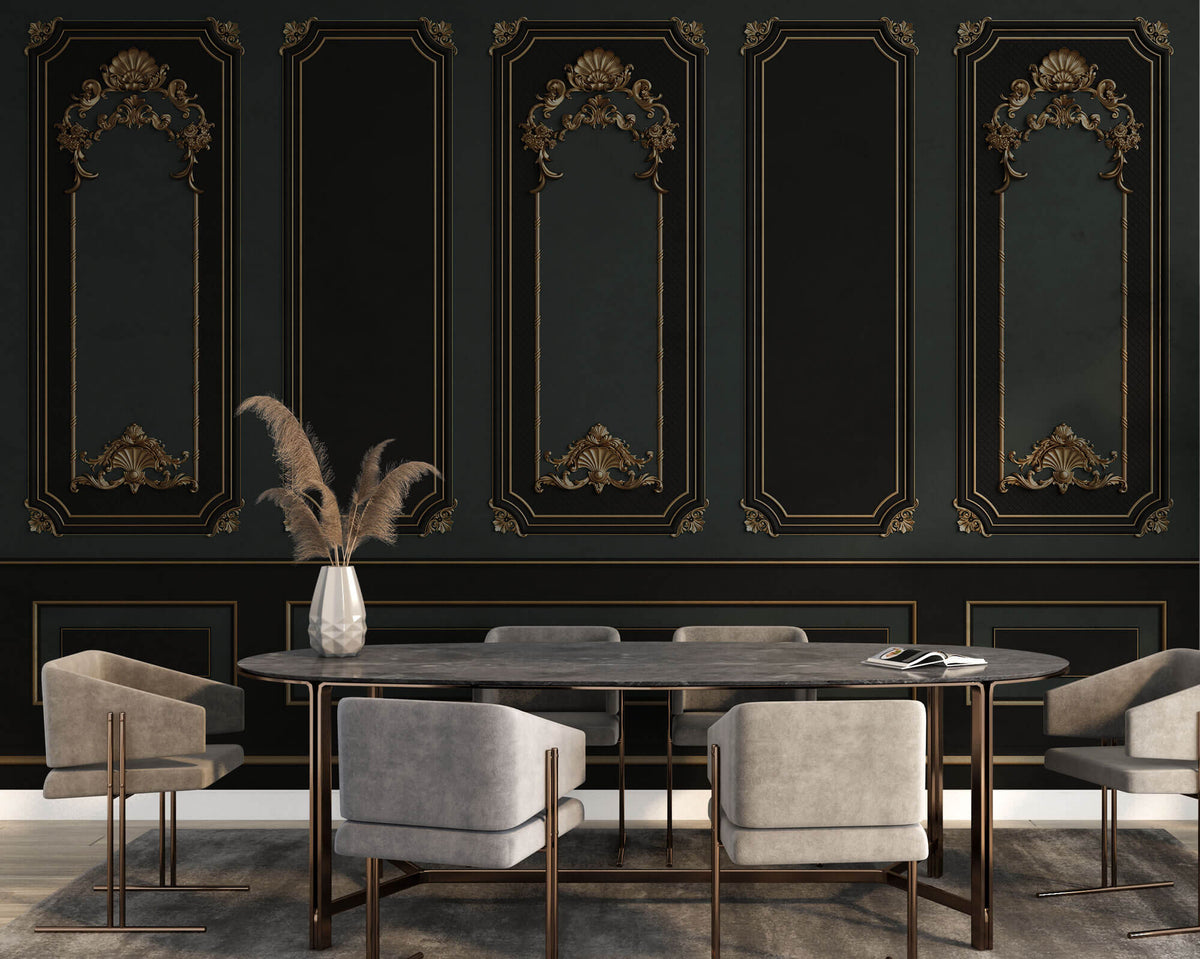 Tapet personalizat Architectural Walls cu rame decorative aurii si pereti in nuante de negru si verde in stil baroc - BAROQUE NOIR