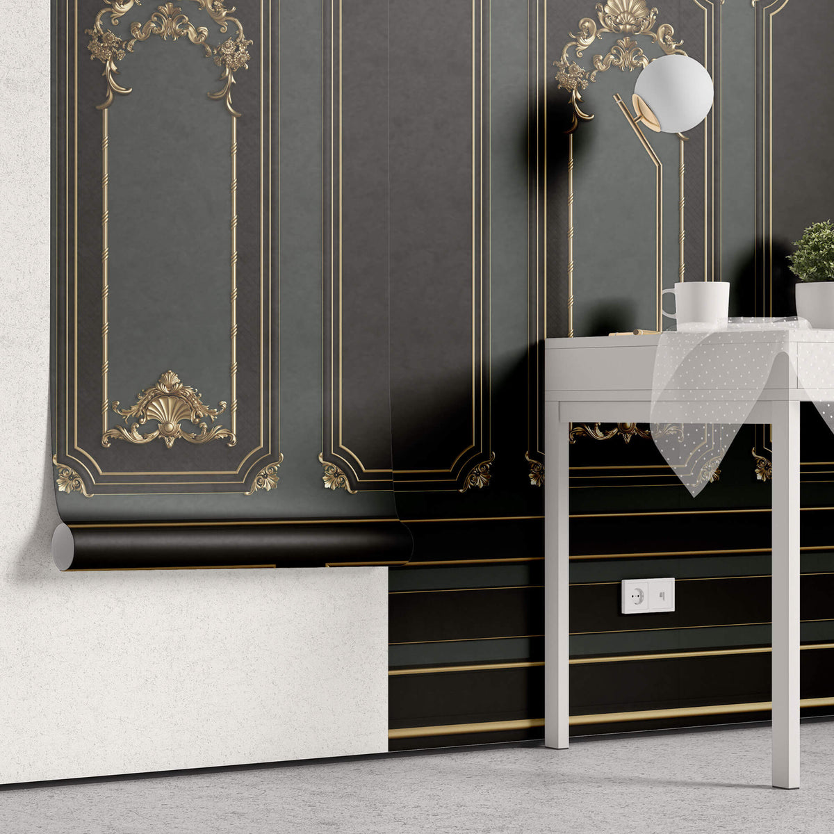 Tapet personalizat Architectural Walls cu rame decorative aurii si pereti in nuante de negru si verde in stil baroc - BAROQUE NOIR