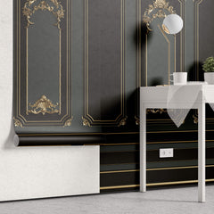 Tapet personalizat Architectural Walls cu rame decorative aurii si pereti in nuante de negru si verde in stil baroc - BAROQUE NOIR