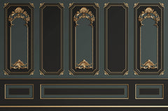 Tapet personalizat Architectural Walls cu rame decorative aurii si pereti in nuante de negru si verde in stil baroc - BAROQUE NOIR