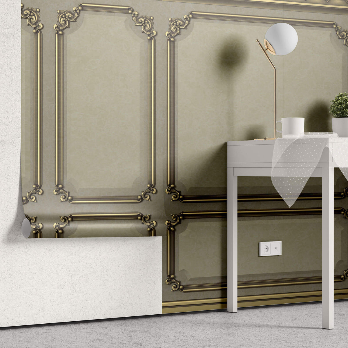 Tapet personalizat Architectural Walls cu rame decorative aurii si pereti vintage in nuante de vernil - VINTAGE ROYAL WAINSCOT