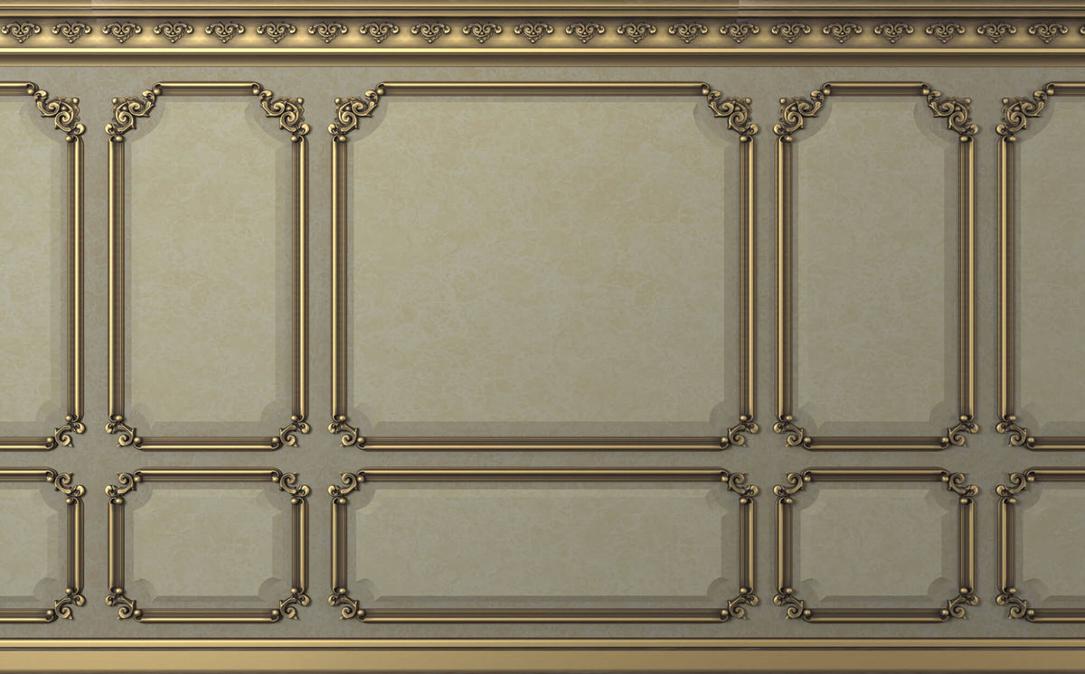 Tapet personalizat Architectural Walls cu rame decorative aurii si pereti vintage in nuante de vernil - VINTAGE ROYAL WAINSCOT