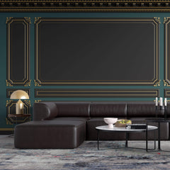 Tapet personalizat Architectural Walls cu ancadramente aurii si pereti in nuante de negru si verde - POOL TABLE