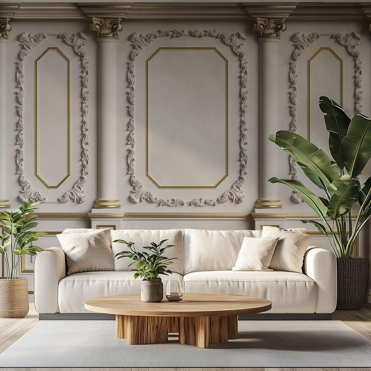 Tapet personalizat Architectural Walls cu elemente decorative aurii si coloane - ELEGANT BOISERIE