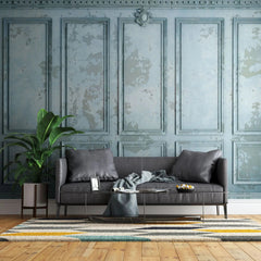 Tapet personalizat arhitectural walls cu ancadramente de perete in nuante de albastru si accente invechite grungy light blue