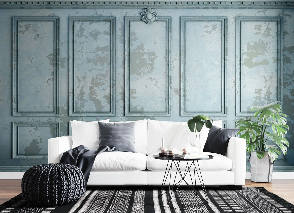 Tapet personalizat arhitectural walls cu ancadramente de perete in nuante de albastru si accente invechite grungy light blue