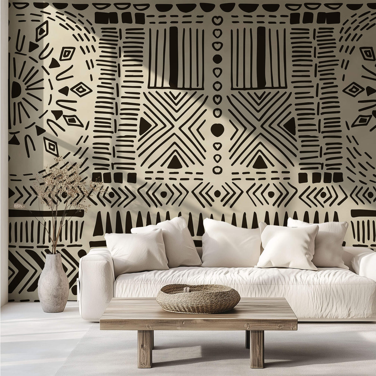Tapet Personalizat Retro Vintage cu modele aztece si tribale in nuante de crem si negru - AZTEC TRIBAL