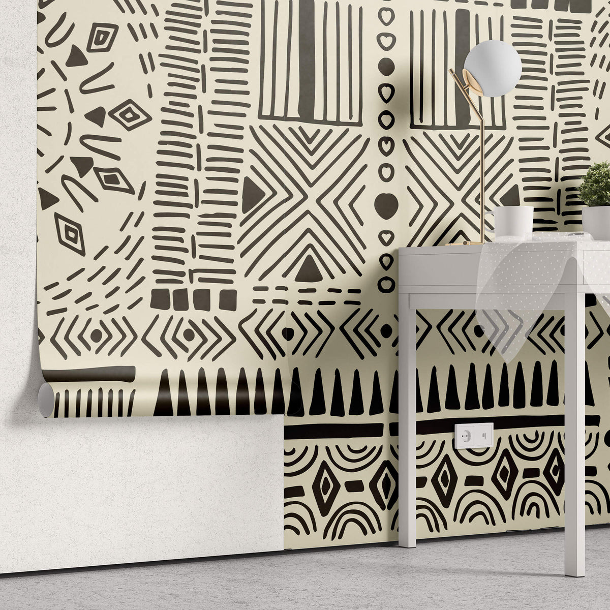 Tapet Personalizat Retro Vintage cu modele aztece si tribale in nuante de crem si negru - AZTEC TRIBAL