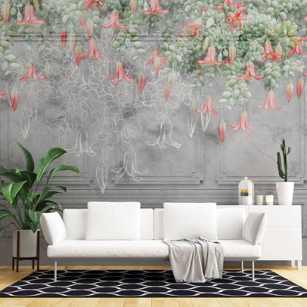 Tapet personalizat victorian cu floarea sarmienta pe un perete gri de inspiratie arhitecturala victoriana sarmienta scandens