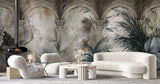 Tapet personalizat victorian cu coloane arhitecturale specifice erei victoriene si palmieri in nuante inchise victorian columns dark