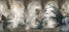 Tapet personalizat victorian cu coloane arhitecturale specifice erei victoriene si palmieri in nuante inchise victorian columns dark