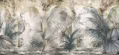 Tapet personalizat victorian cu coloane arhitecturale specifice erei victoriene si palmieri in nuante deschise victorian columns light