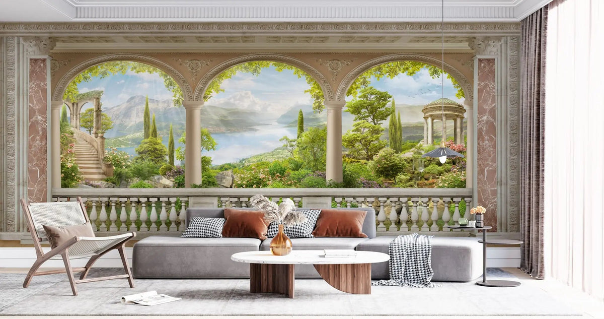 Tapet personalizat victorian cu peisaj romantic paradisiac vazut de la balconul unei cladiri cu arhitectura specifica erei victoriene victorian eden