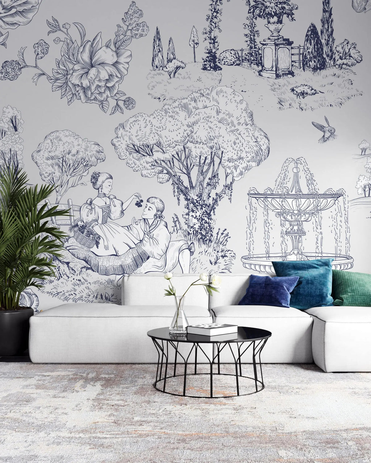 Tapet personalizat victorian cu efect de desen in cerneala care curpinde elemente din gradinile specifice erei victoriene  picnic romantic fantana plante flori si pasari victorian ink garden