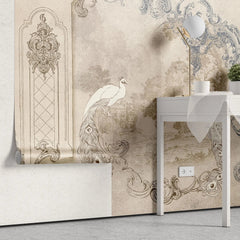 Fototapet personalizat victorian cu elemente vintage specifice erei victoriene si pauni albi white peacock