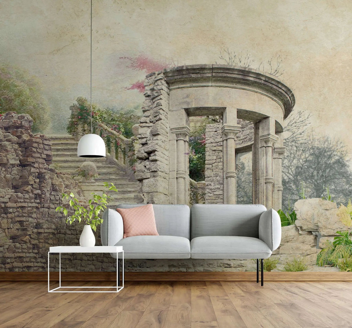 Tapet personalizat victorian cu ruine din piatra inconjurate de gradina inflorita victorian ruins