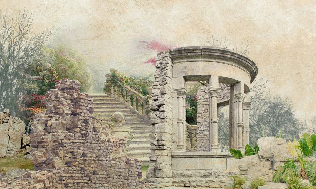 Tapet personalizat victorian cu ruine din piatra inconjurate de gradina inflorita victorian ruins