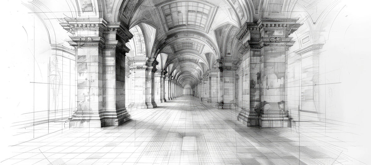 Tapet Personalizat Victorian cu schita arhitecturala al unei hol cu coloane cu viziune in spatiu - HALLWAY OF ANTIQUITY