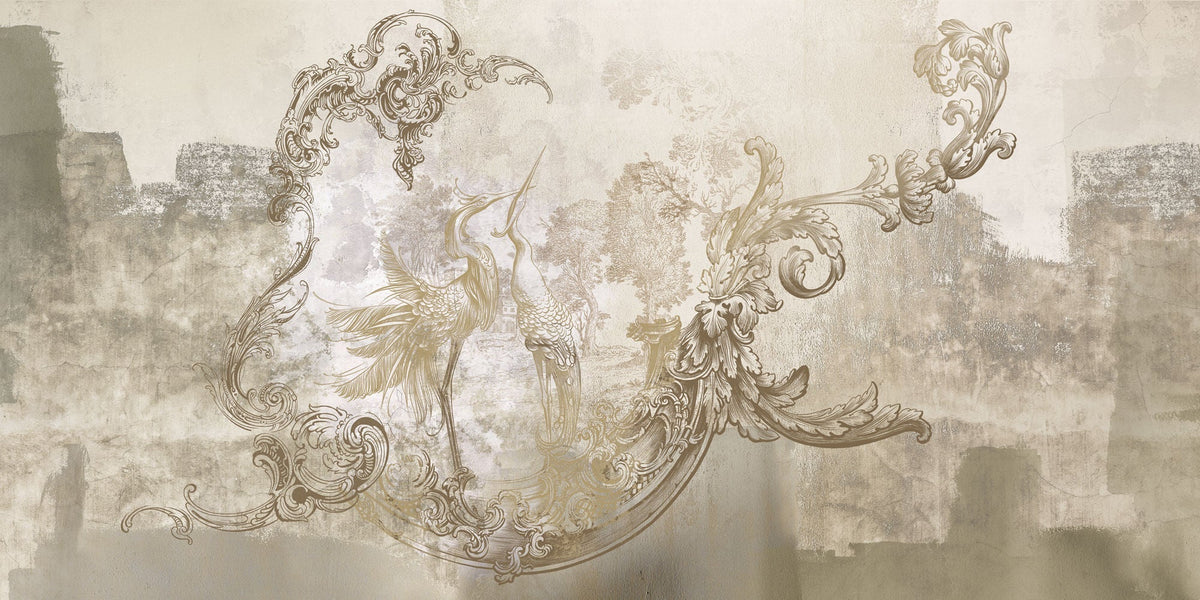 Tapet Personalizat Victorian cu egrete in stil vintage in nuante de bej - VINTAGE BEIGE EGRETES