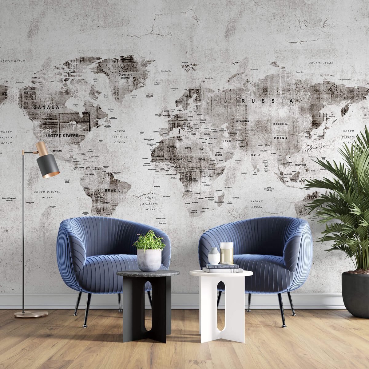 Tapet Personalizat cu harta lumii in stil grunge cu textura de perete cimentat - GRUNGE WORLD'S MAP
