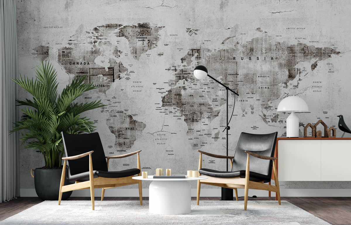 Tapet Personalizat cu harta lumii in stil grunge cu textura de perete cimentat - GRUNGE WORLD'S MAP