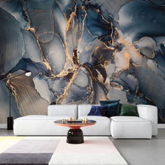 Tapet personalizat marble cu model de marmura in nuante albastre cu insertii de bronz auriu dawn