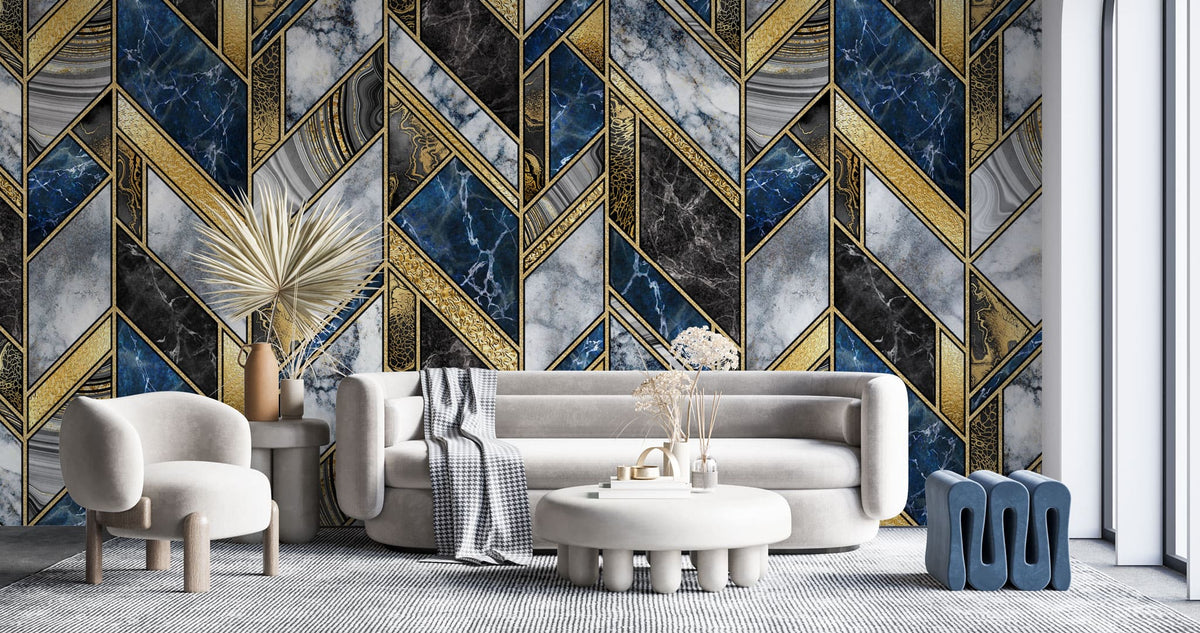 Tapet personalizat marble in stil luxury cu marmura alba albastra si neagra cu insertii aurii luxury marble