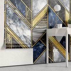 Tapet personalizat marble in stil luxury cu marmura alba albastra si neagra cu insertii aurii luxury marble