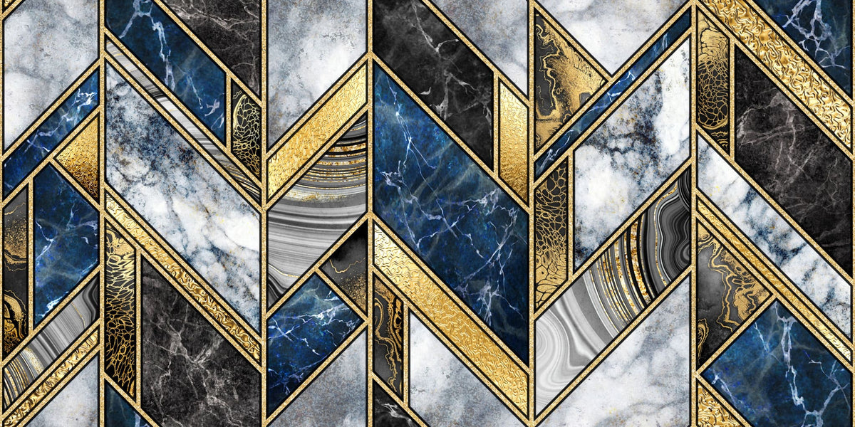 Tapet personalizat marble in stil luxury cu marmura alba albastra si neagra cu insertii aurii luxury marble