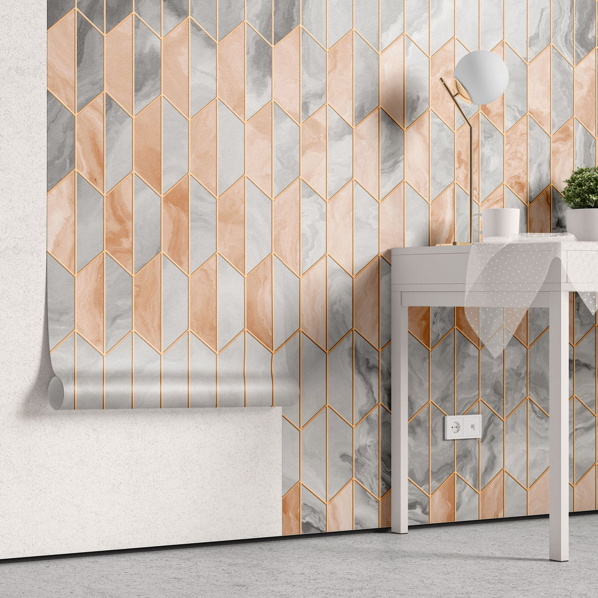 Tapet personalizat marble cu model de marmura alba si roz pudrat in forme geometrice cu contur auriu luxury storm