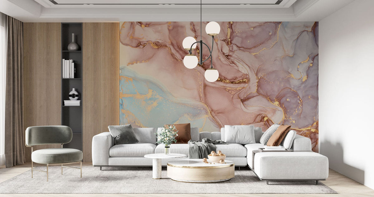 Tapet personalizat marble cu marmura in nuante de roz pudrat si albastru deschis blissful