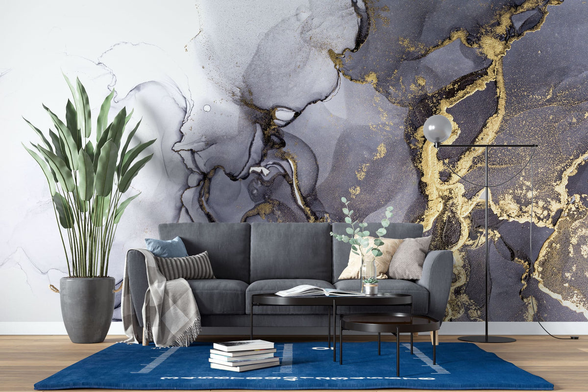 Tapet personalizat marble cu marmura in nuante de cerneala cu accente aurii golden ink