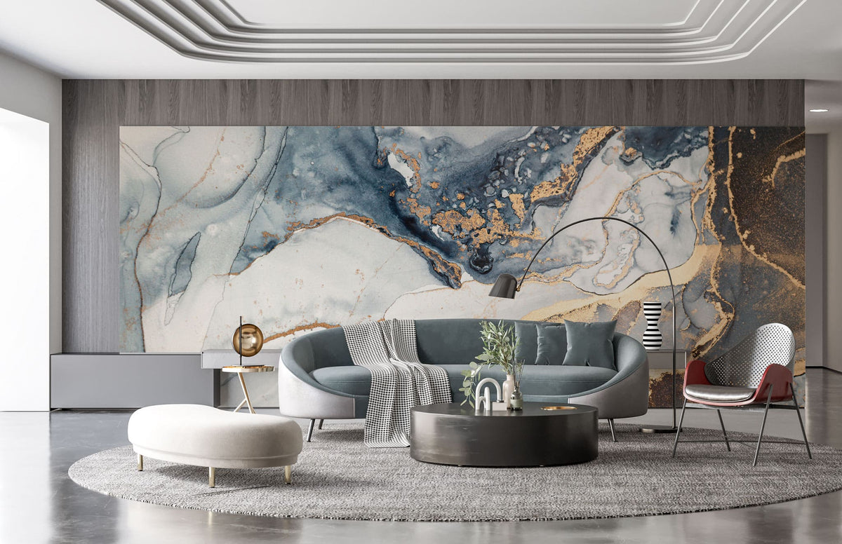 Tapet personalizat marble cu marmura in nuante fumurii cu accente aurii pouring glitter