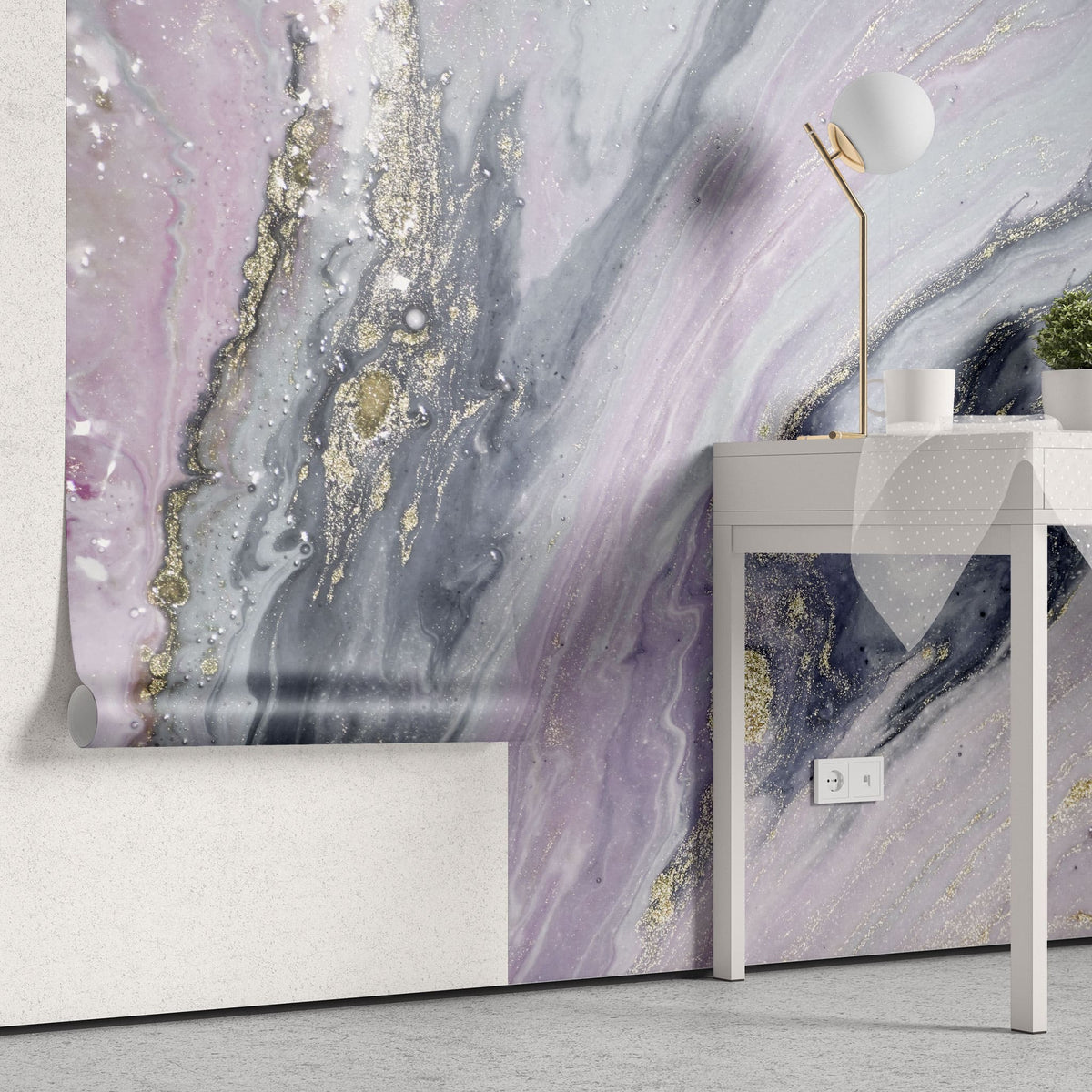 Tapet personalizat marble cu marmura in nuante de roz si gri cu accente sclipitoare aurii nebula