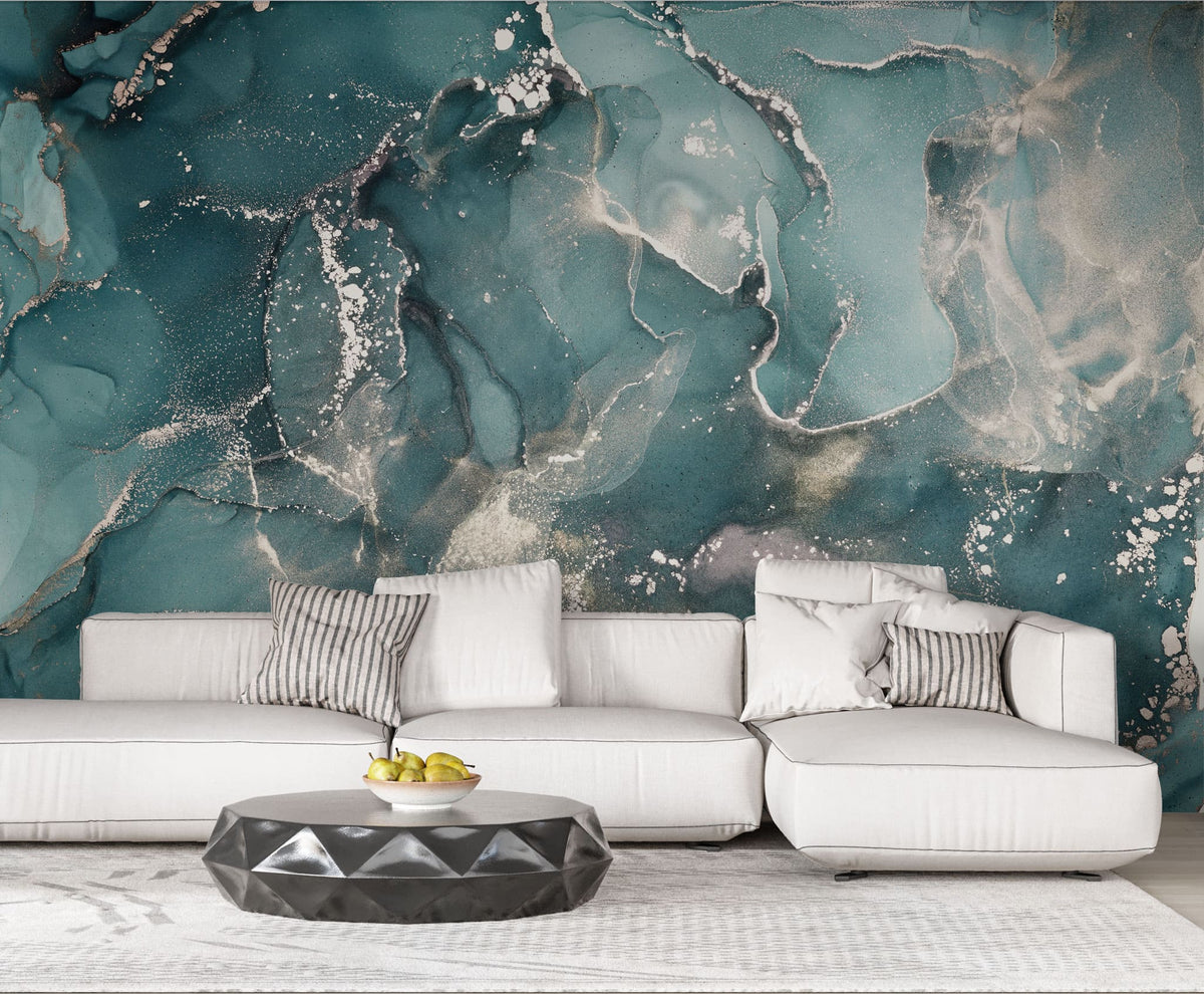 Tapet personalizat marble cu marmura in nuante oceanice cu accente argintii sclipitoare silver blue