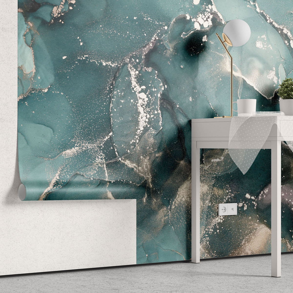 Tapet personalizat marble cu marmura in nuante oceanice cu accente argintii sclipitoare silver blue