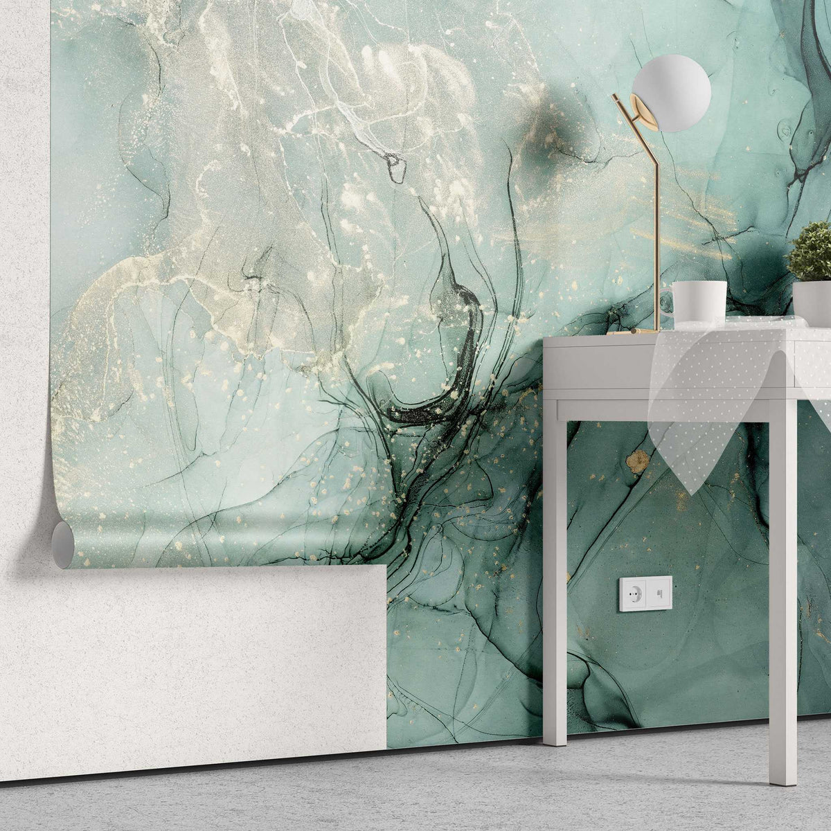 Tapet personalizat marble in nuante de verde alga si praf auriu goldish algae