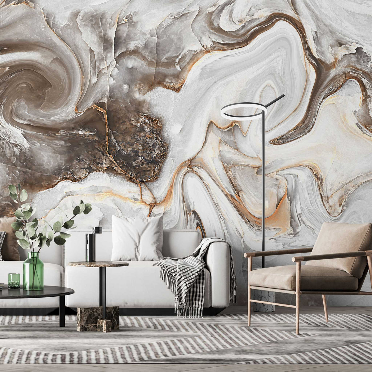 Tapet personalizat marble in nuante de maro si alb in forma de vartejuri latte swirl