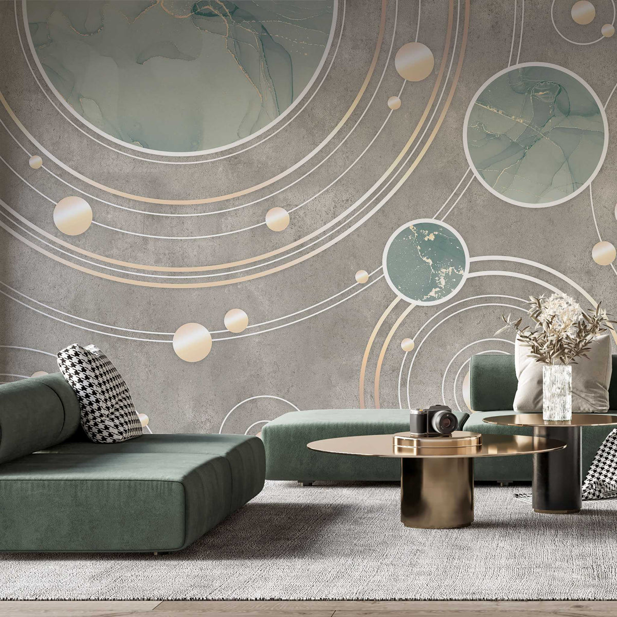 Tapet personalizat marble cu cercuri abstracte in nuante de verde menta si maro marble solar system