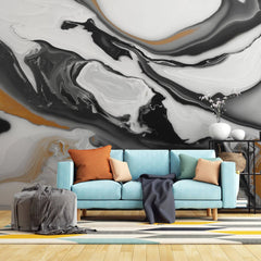 Tapet personalizat marble cu forme fluide in nuante de negru maro si alb fluid marble