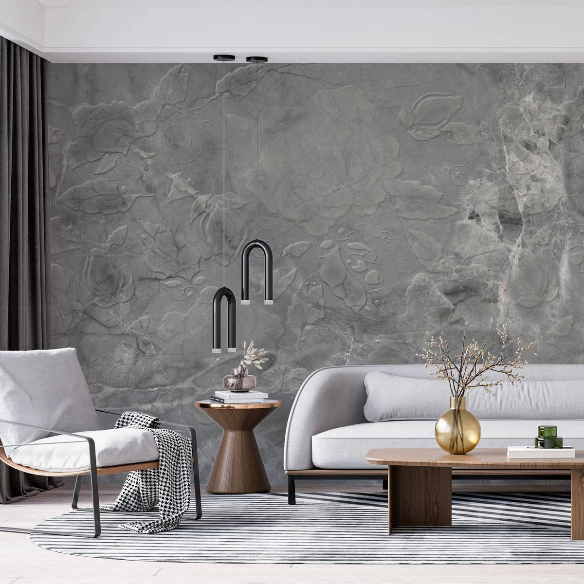 Tapet personalizat marble in nuante de gri cu flori in textura grey marble flowers